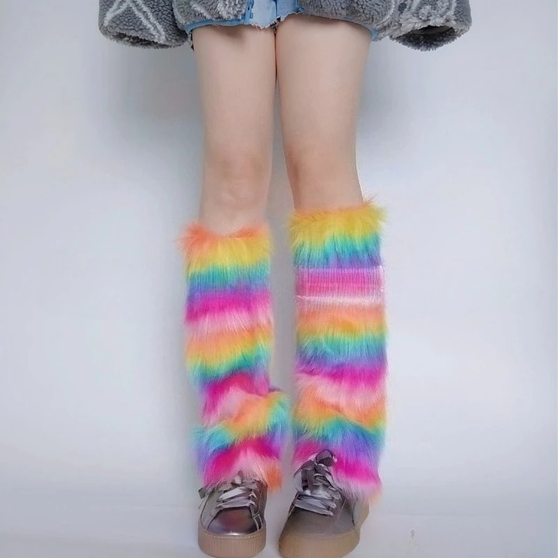 

Зимние меховые гетры в стиле Харадзюку для женщин и девочек, женские чулки, готические красочные милые полихромные теплые ботинки, гетры