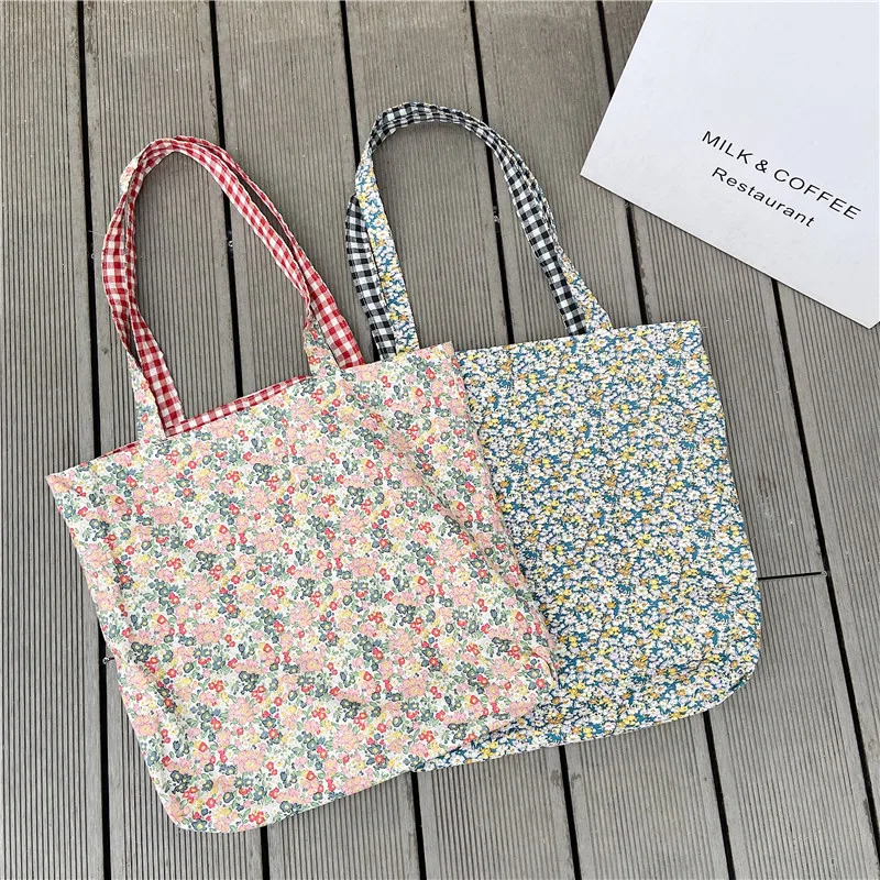 Casual Plaid Flower Women Shopping Bag Large Capacity Ladies Daily Tote Handbags Cotton Cloth Double-sided Girls Shoulder Bags