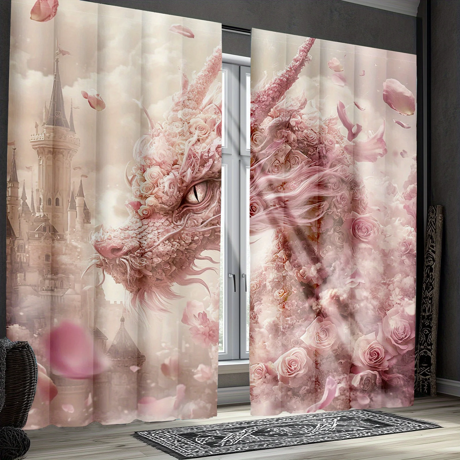 2pc Vintage dragon and floral print curtains, polyester fabric, machine washable, suitable for bedroom living room decoration
