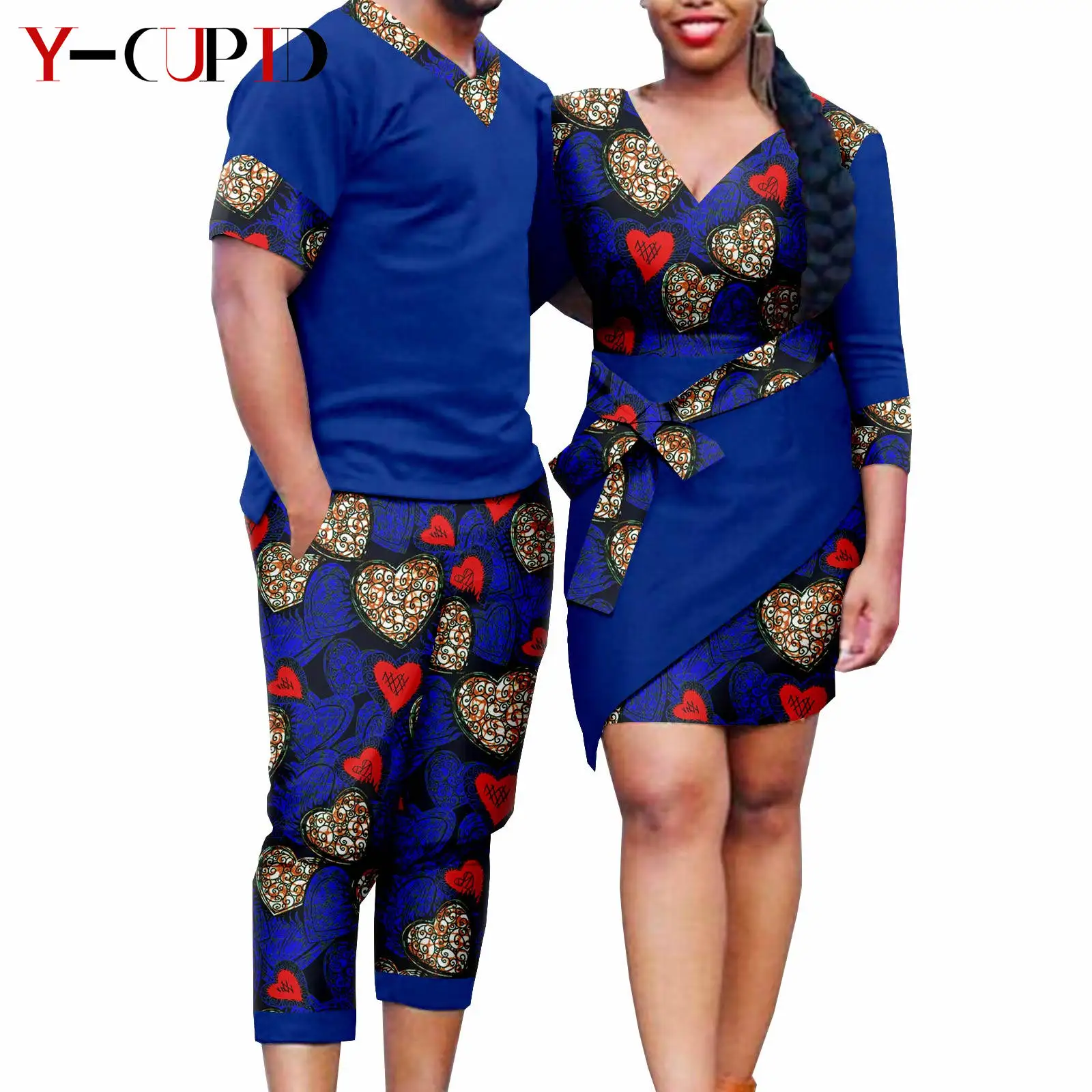 African Clothes for Couples Bazin Riche Women Ankara Print Dresses with Bowtie Matching Men Clothes Top and Short Sets Y21C019