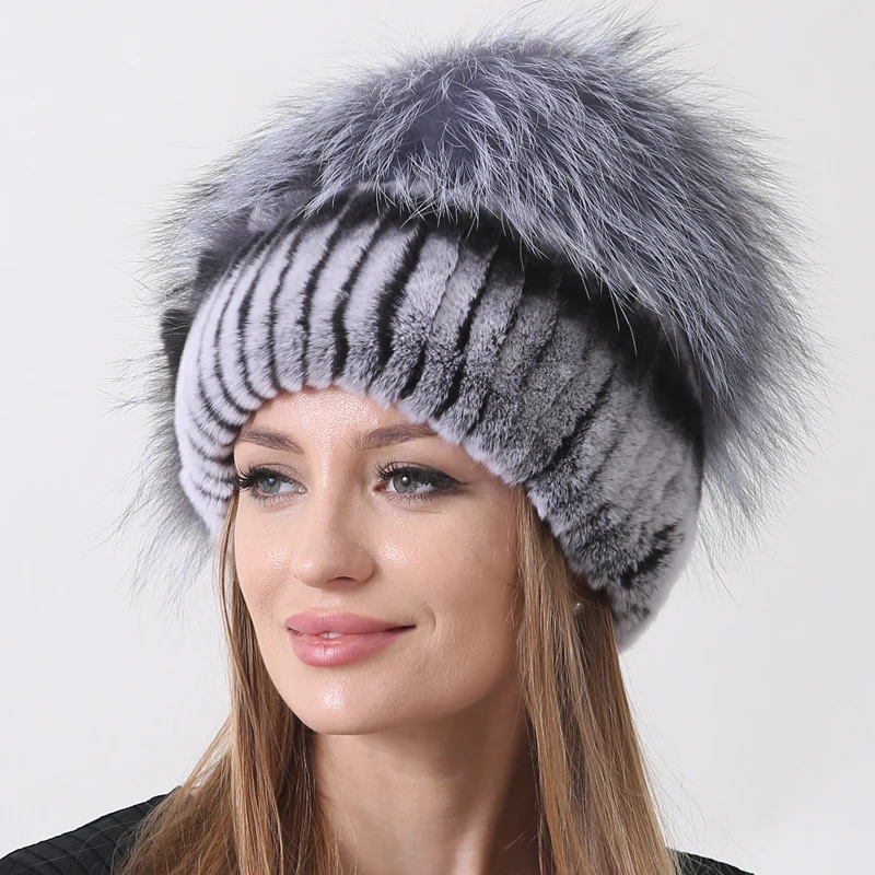 Natural Fluffy Fox Rabbit Fur Hats for Women Winter Knit Floral Striped Elastic Stylish Fashion Warm Thick Outdoor Skull Beanie