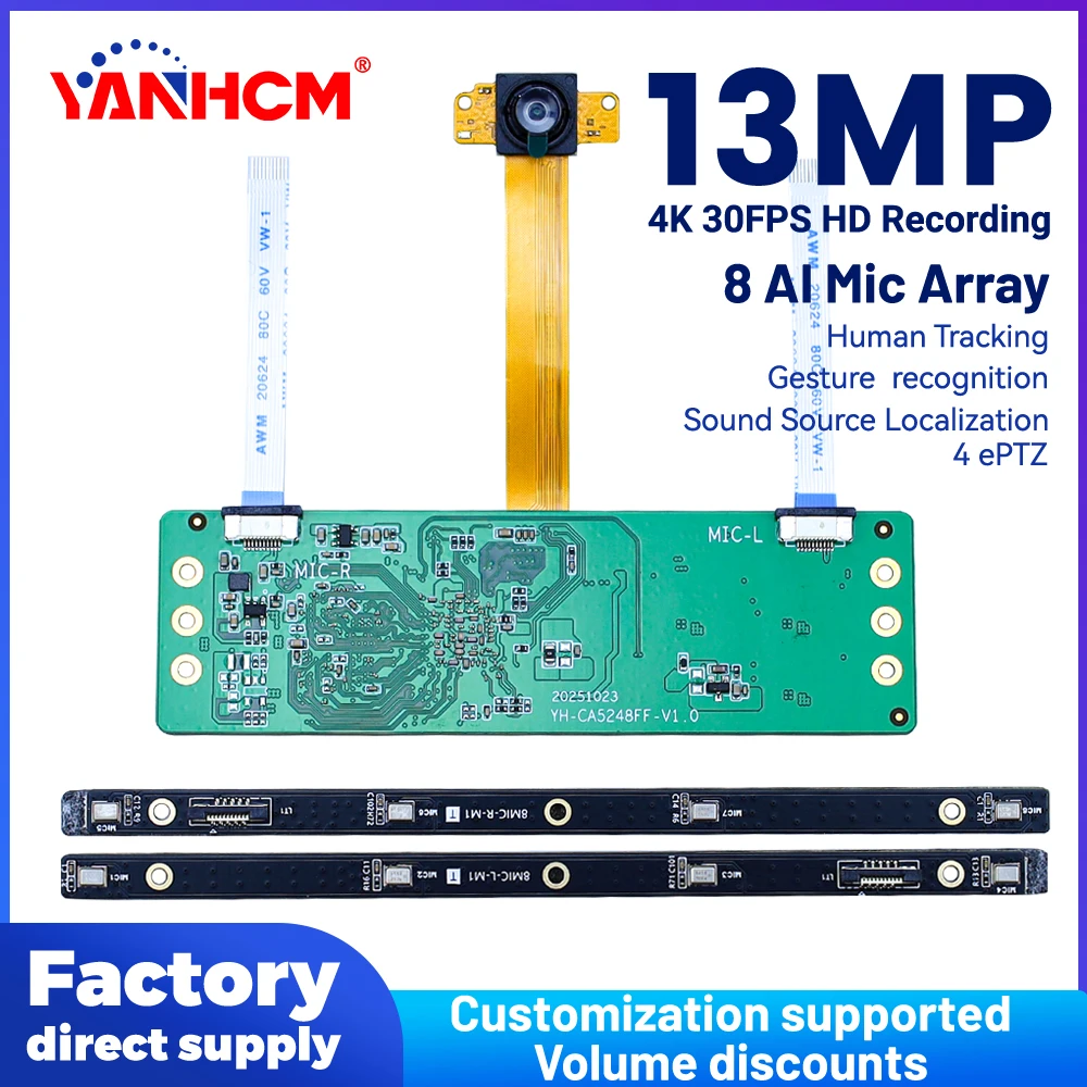 YANHCM 13MP AI Camera Modules 1080P 4K 30FPS 8 Array Mic USB Plug and Play Human Figure Tracking, Automatic Noise Reduction