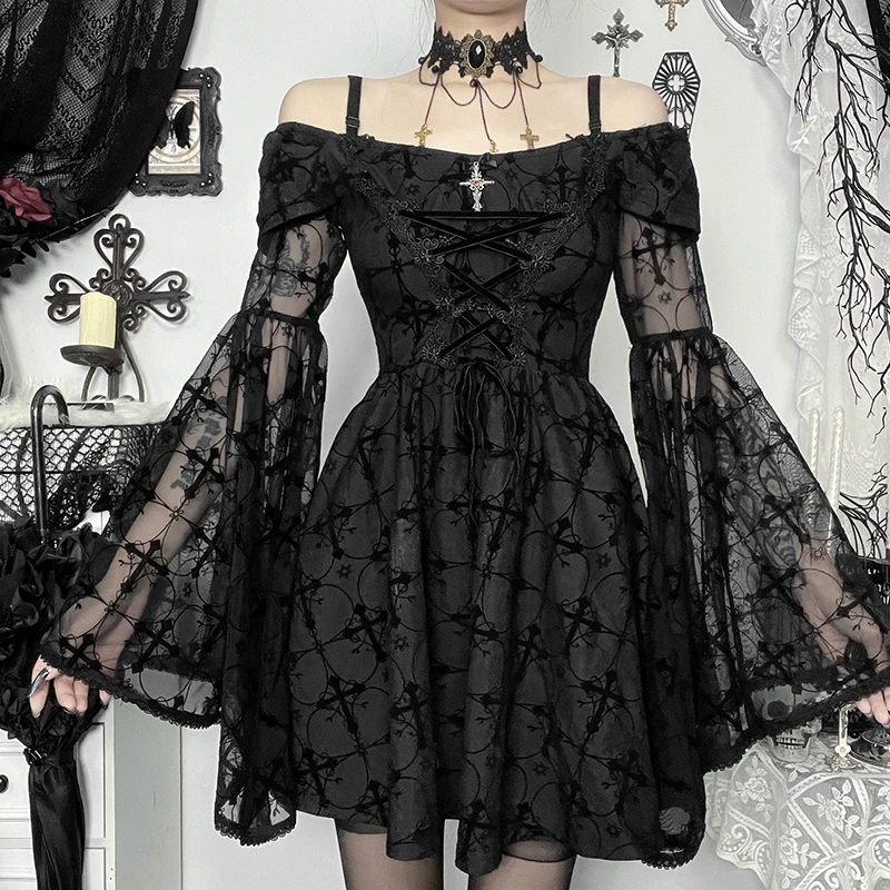 Goth Sexy Black Cross Flocking Off-Shoulder Party Dresses Vintage Cross Flocking Lace See Through A-Line Long Sleeve Mini Dress