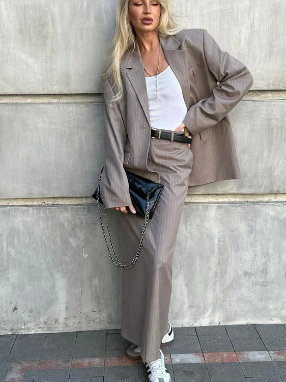 

Fashionable High-End Women's Suit Set with Back Split Half Skirt Striped Two-Piece Suit Spring Autumn New Arrival