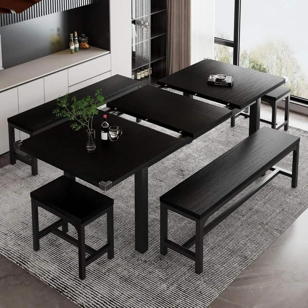 

Dining Table Set.5-Piece Dining Table Set for 4-8 People, Extendable Kitchen Table Set with 2 Benches and 2 Square Stools