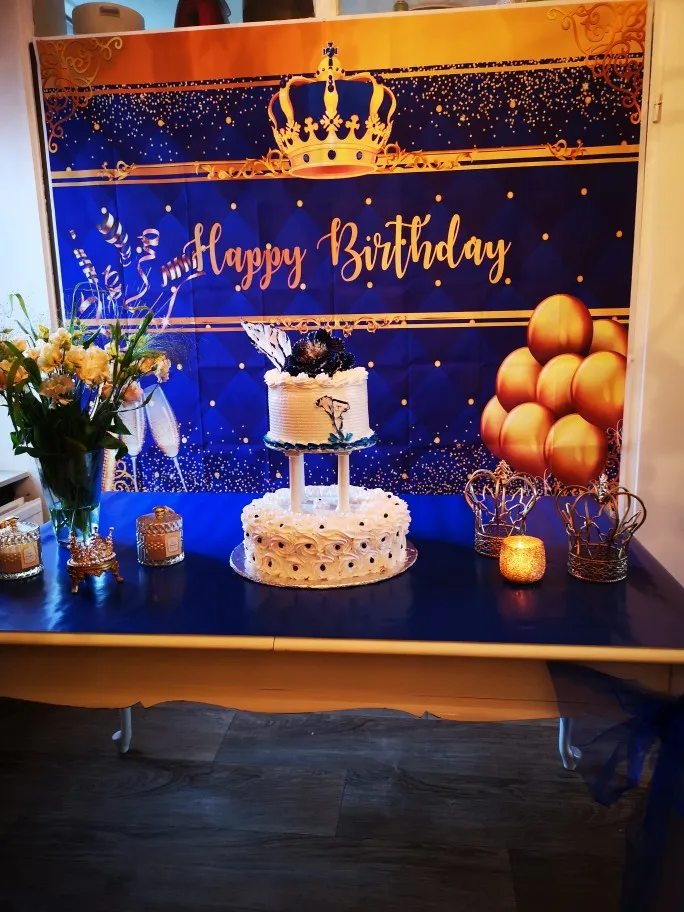 Happy Birthday Royal Blue Backdrop Crown Gold Glitter Balloons Champagne Newborn Children Theme Birthday Party Photo Booth