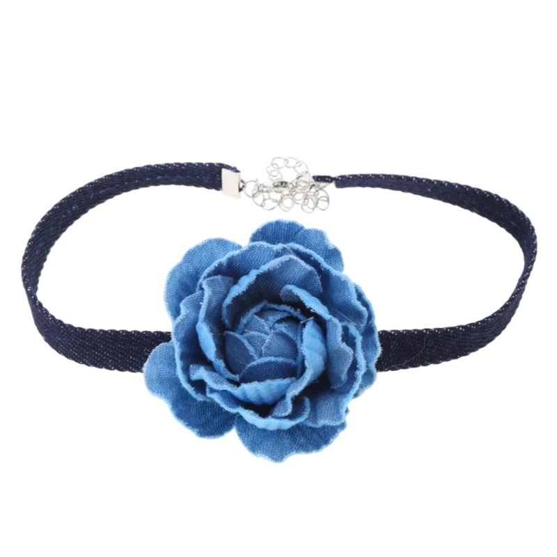 Fashion Blue Rose Flower Choker Necklace Comfortable Collar Necklace for Women Girls Elegant Butterfly Fringe Choker