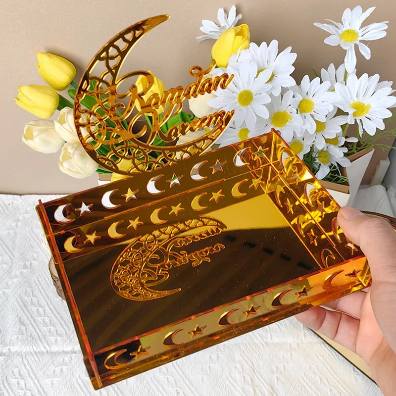 1 Piece Eid Mubarak Food Tray Gold Acrylic Moon Star Castle Islamic Muslim Festival Decor Gift,C