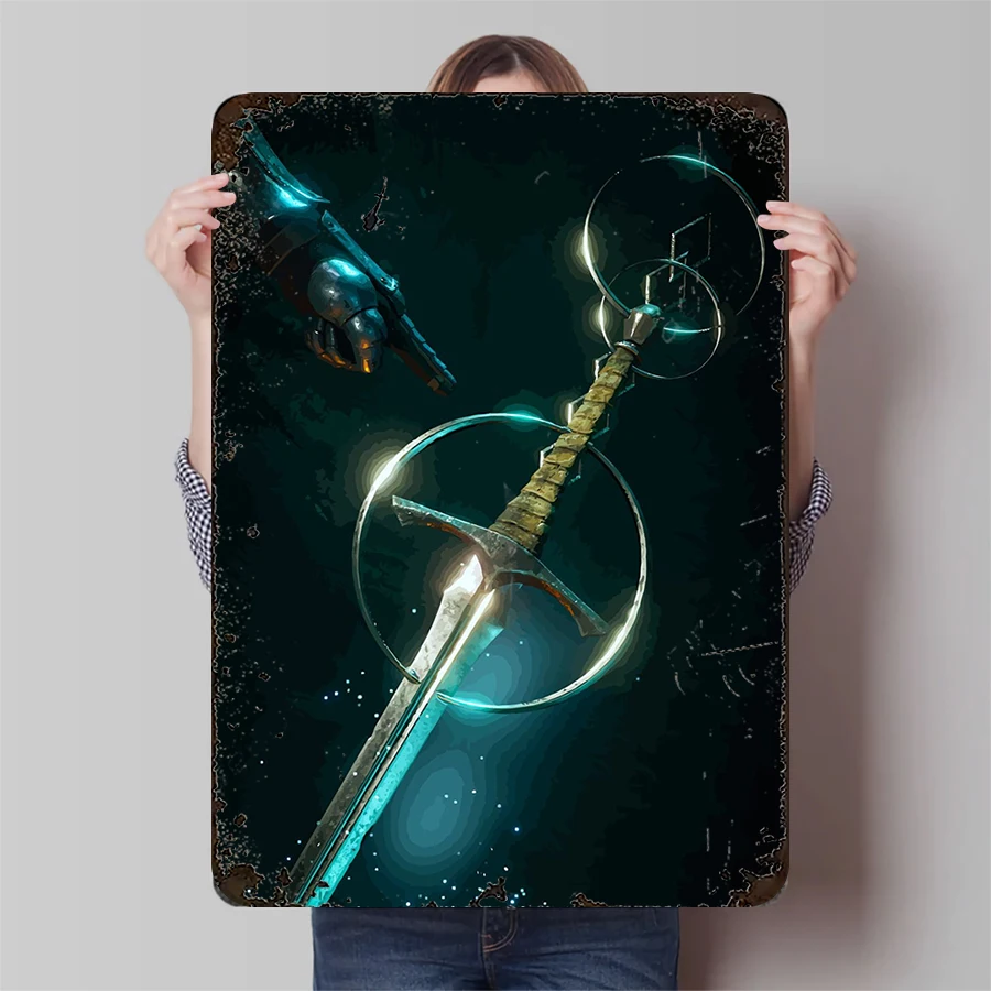 Fantasy Game Style Glowing Sword Metal Iron Painting Living Room Study Wall Decor Vintage Craft Collection Home Art Hanging