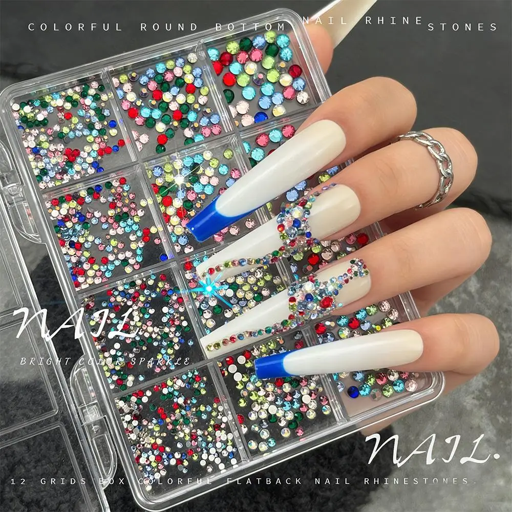 

12Grids 3D Colorful Round Rhinestone Nail Charms Mixed-Sizes Glass Gemstone Nail Art Decorations DIY Crafts Manicure Accessories