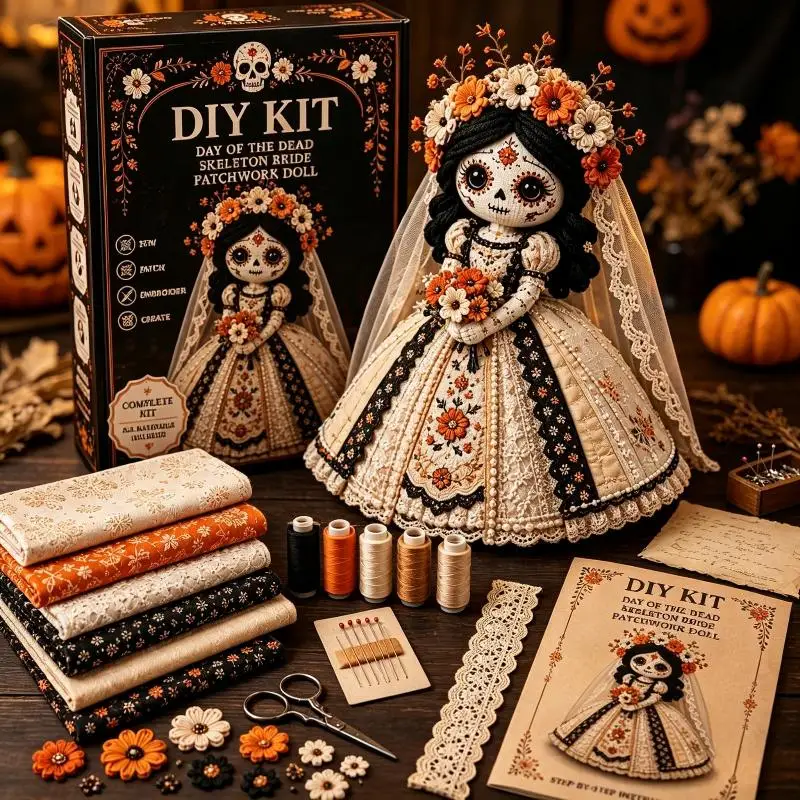Tag der Toten Patchwork-Puppen-Bastelset mit Filzstücken, Plastiknadel, Handnäh-Set für Anfänger, DIY-Geschenk für Puppenliebhaber