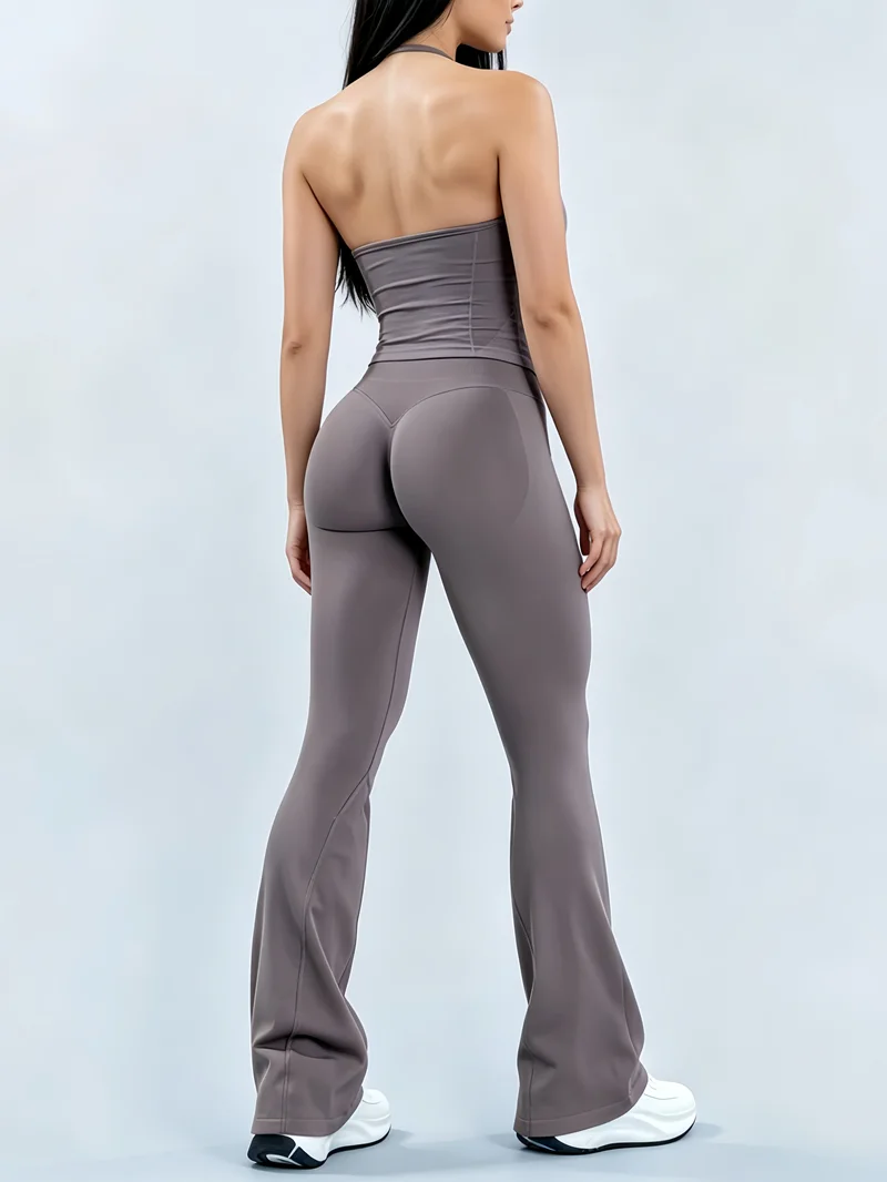 2 Pcs HISTELLO Gym Set Seamless Women Sports Longline Strappy Top Front Ruched Butt Lifting Fitness Workout Flare Leggings Suit