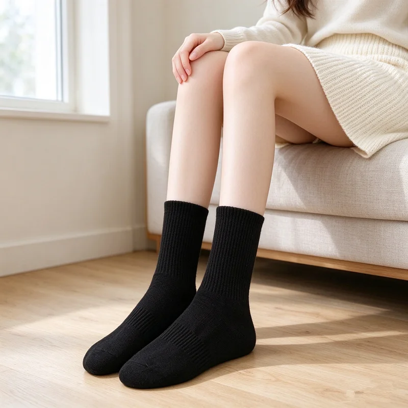 Solid Black Ribbed Crew Socks Soft Stretch Cotton Mid Tube Socks Breathable Casual Daily Basic Socks for Office Home