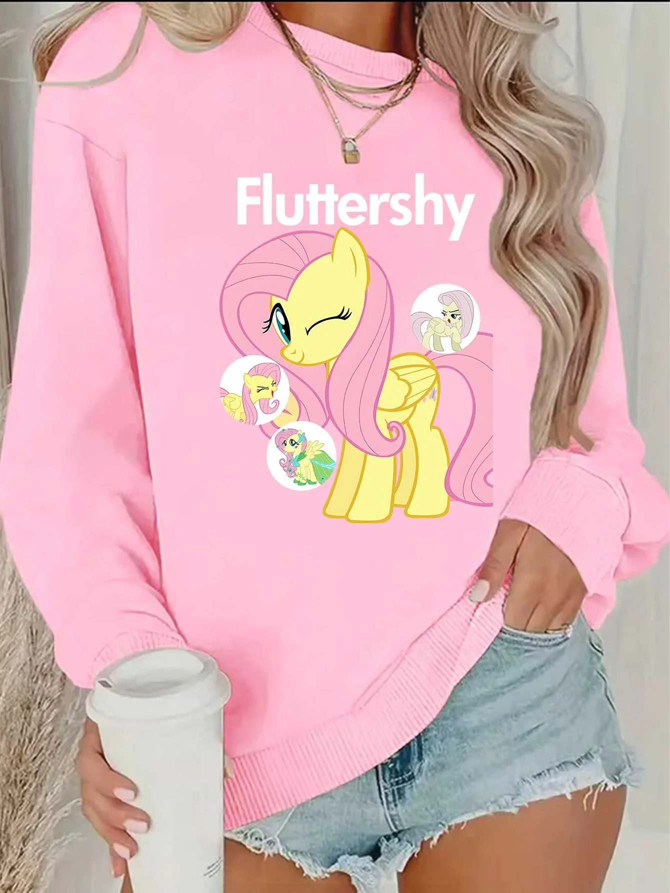 

Cute Fluttershy My Little Pony Graphic Sweatshirt, Pink Oversized Pullover for Fans