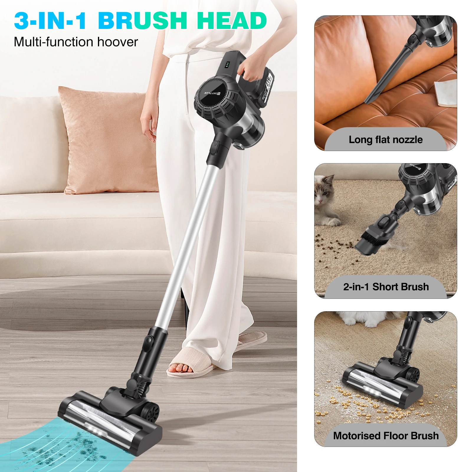 BRIEFNESS 3IN1 Cordless Vacuum Cleaner 3800W Hoover Upright Lightweight Handheld Bagless Stick Vacuum Cleaner Brushless 30KPA