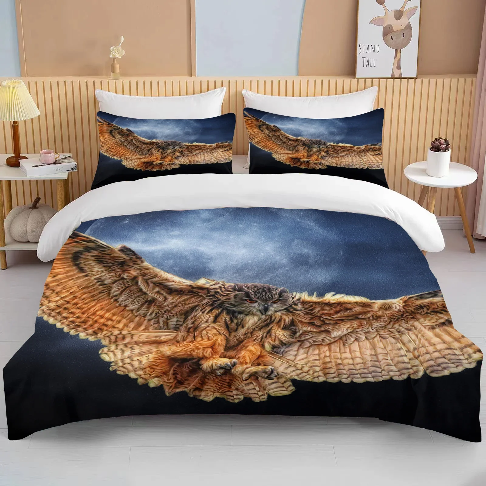 Cute Owl 3D Birds Cartoon Comforter Bedding Set,Duvet Cover Bed Set Quilt Cover Pillowcase King Queen Size Bedding Set Adult Kid