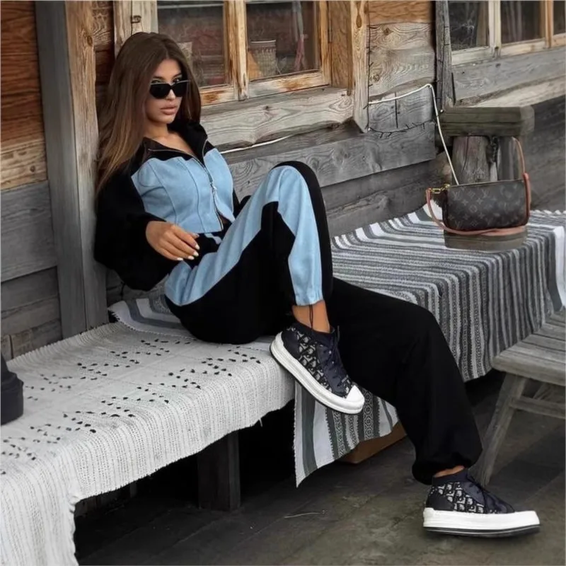 Fashion Contrast Color Patchwork Hoodies Pants Set Women Zipper Short Hooded Coats Lace Up Wide Leg Pant Spring Autumn Tracksuit image 5