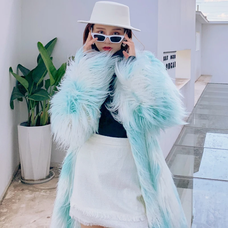 New Fashion Faux Fur Coat White and Green Flowing Long Shaggy Outerwear Women\'s Promotion