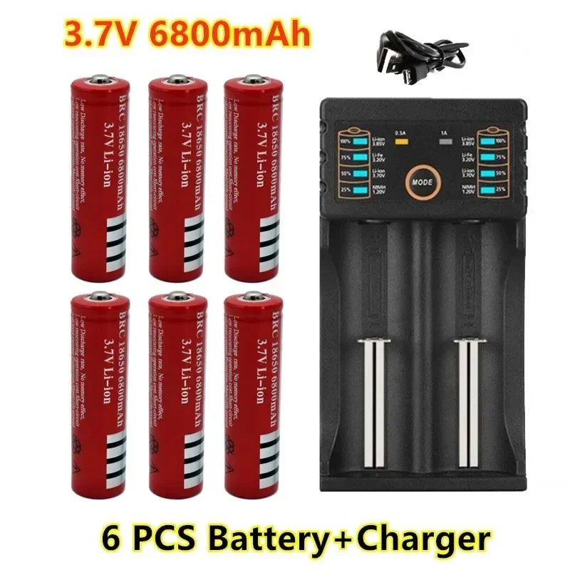 

100% New Original 18650 3.7V 6800mAh Battery Rechargeable Liion Battery For Led Flashlight Torch Litio Battery+Charger