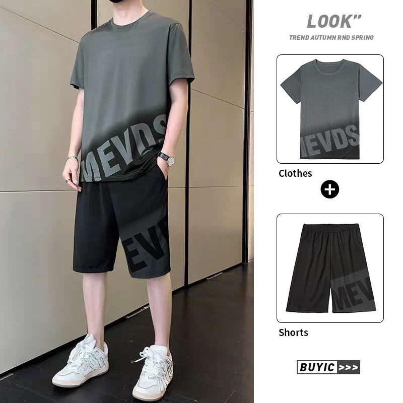 

4/2 Piece Men's And Teenagers' Quick-drying Leisure Suit 13 To 16-year-old Boys' Sports Running Letters Short Sleeve Joker Short