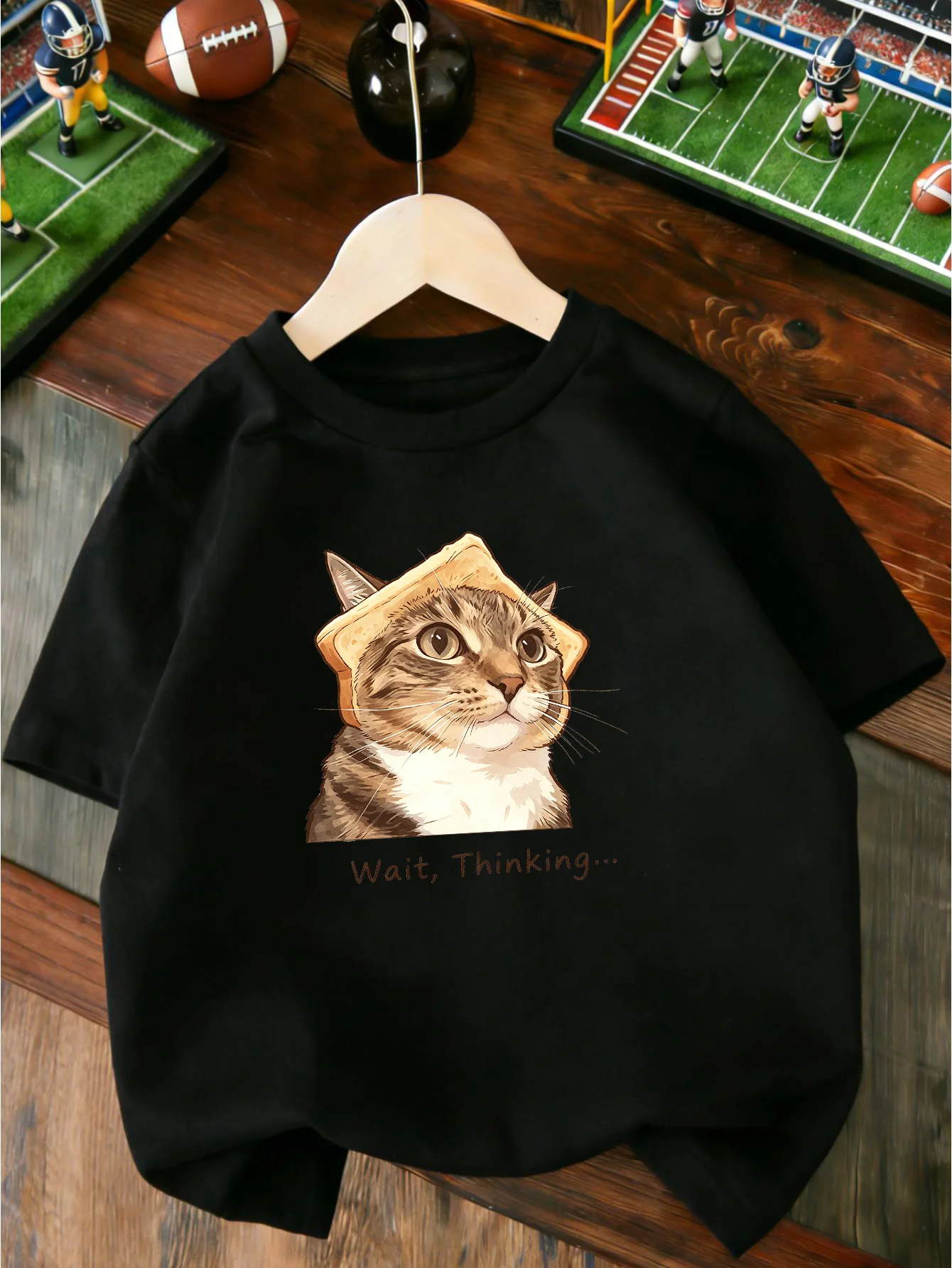 Cute Thinking Kitten With Bread Cartoon Graphic T Shirt Boys Girls Casual Short Sleeve Tee Family Matching Kids Cotton Tops