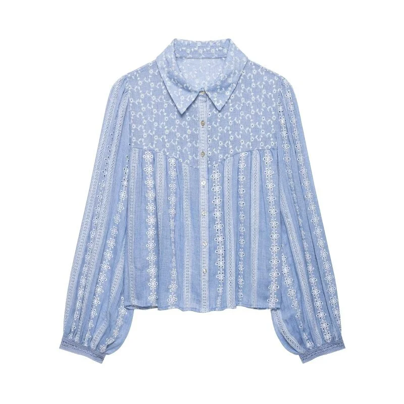 2026 New Women Light Blue Embroidery Hollow Out Blouse Lapel Long Puff Sleeve Floral Pattern Shirt Casual Daily Wear Top