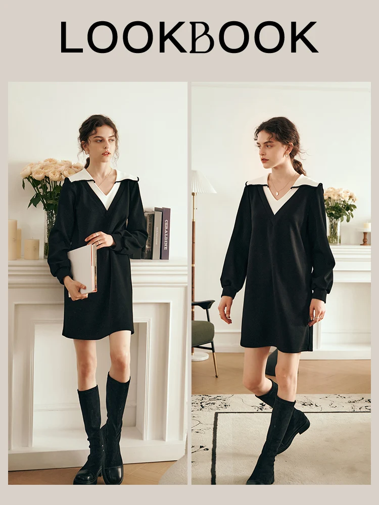 OLrain Sailor Collar Woman Dresses 2025 Autumn Preppy Style Black A-line Elastic Knit Puff Sleeve Spliced Mini Dress N56QL85505