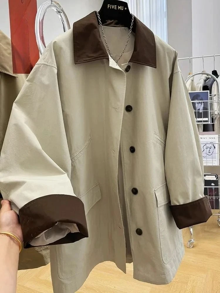 Korean version contrasting color lapel collar jacket women temperament casual spring new trendy middle long windbreaker coat