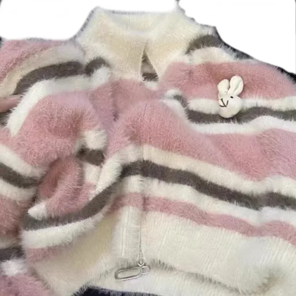 2024 Explosive Striped Cardigan Soft Waxy Sweater Autumn and Winter Soft Lazy Style Thickened Loose Long-sleeved Zipper Coat