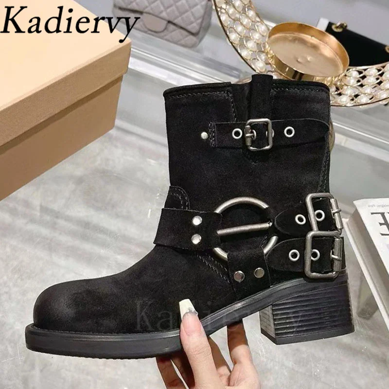 Suede Leather Short Boots Woman Rivets Metal Belt Buckle Punk Shoes Women Round Toe Motorcycle Boots Women Botas Mujer