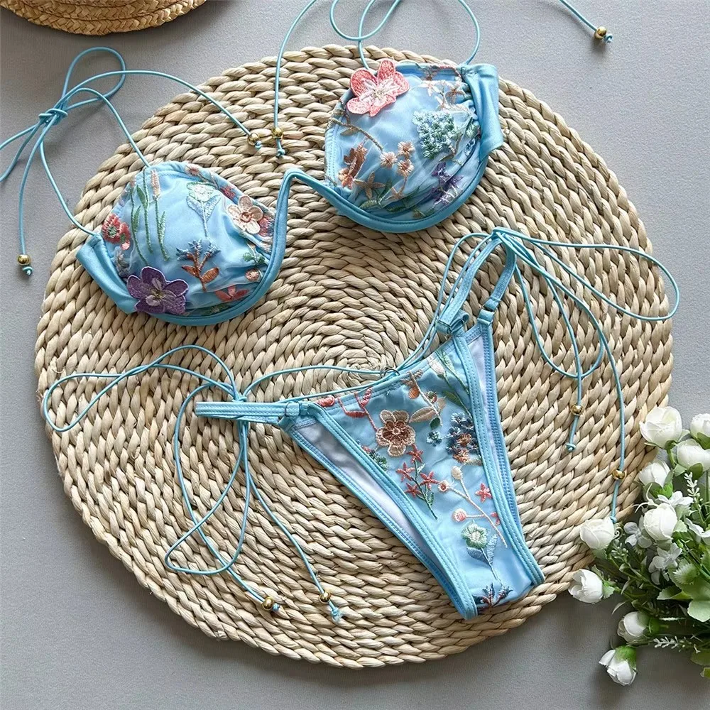 Beige Shiny Flower Embroidery Swimwear Thong Micro Push Up Bikini Set Sexy Swimsuit Women 2025 Bathing Suit String Bikinis Mujer