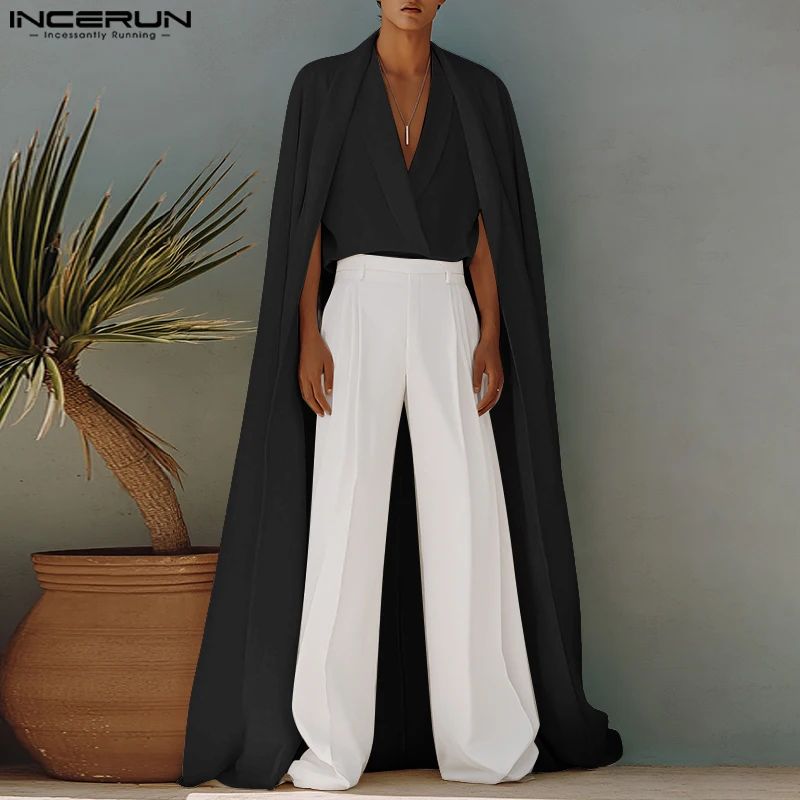 INCERUN Kemeja Gaya Panjang Pria Warna Solid Kemeja Ponco Dua Potong Palsu Pakaian Jalanan Longgar 2025 Atasan Jubah Kasual Fashion Pria