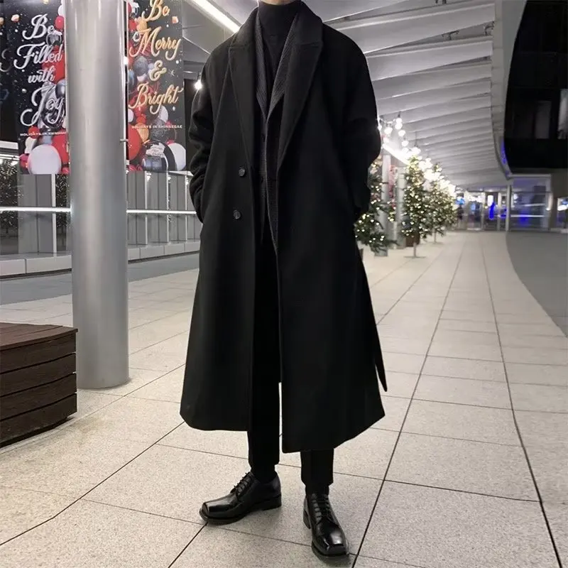 OIMG Thin woolen coat men mid long style knee length black autumn winter woolen coat trendy Korean windbreaker