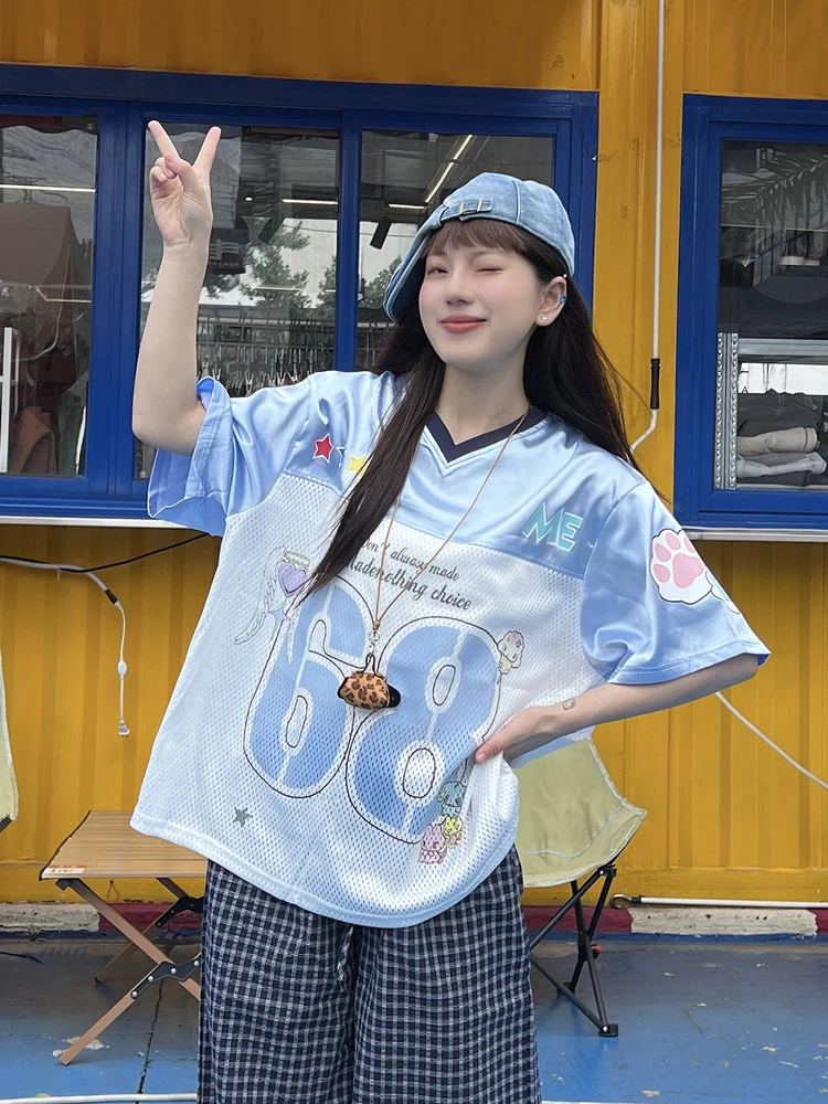ins College Style Contrasting Cartoon Print V-Neck Jersey Women's Mesh Breathable Short Sleeved T-Shirt Men's Loose Casual Top