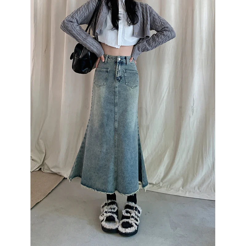 Retro High Waist Denim  Skirt Women's Spring New Small Size Mid-Length Frayed Fish Tail Arm Enveloping Skirts