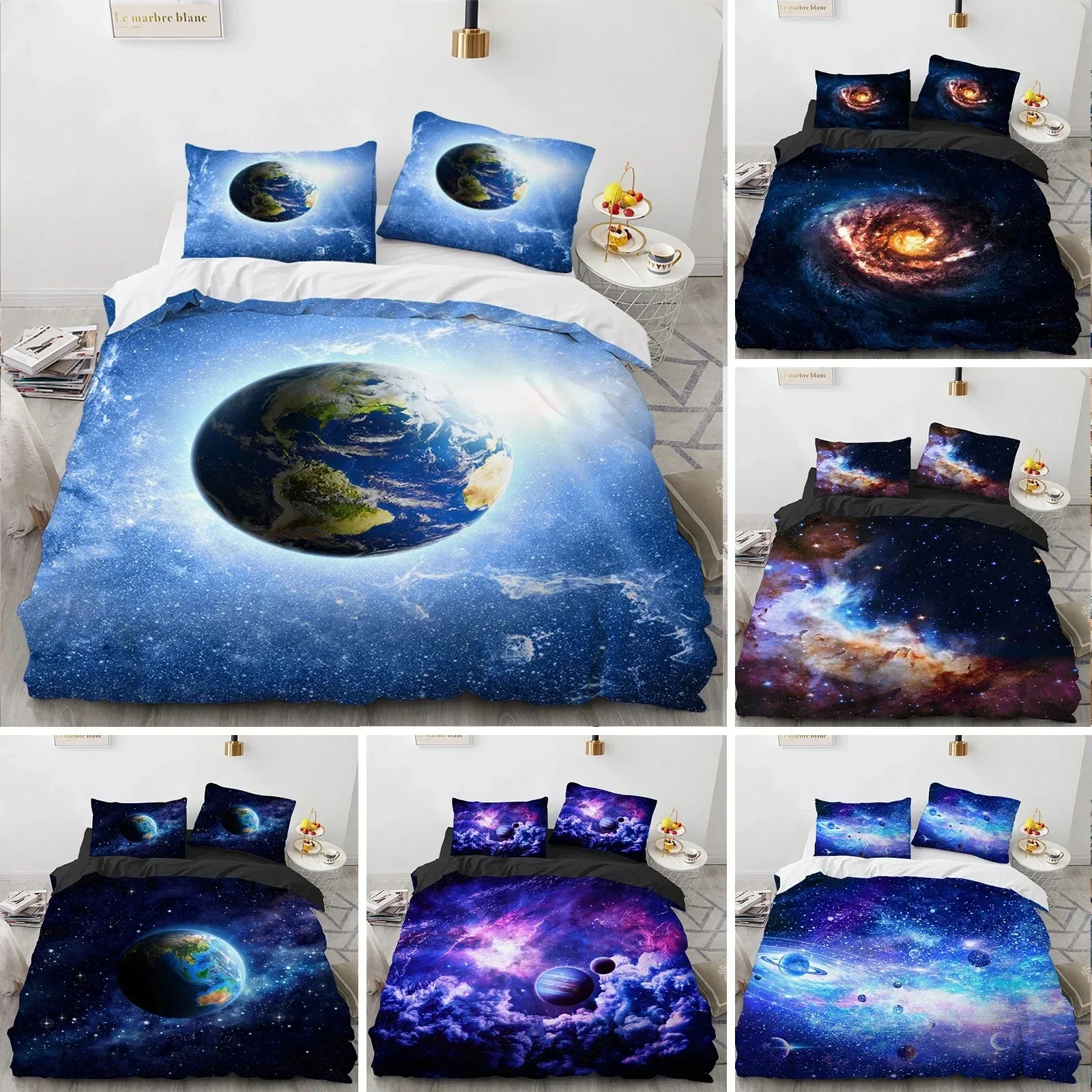 

Galaxy Planet King Queen Duvet Cover Universe Sky Bedding Set 3D Blue Earth Outer Space Astronomy Polyester Quilt Cover