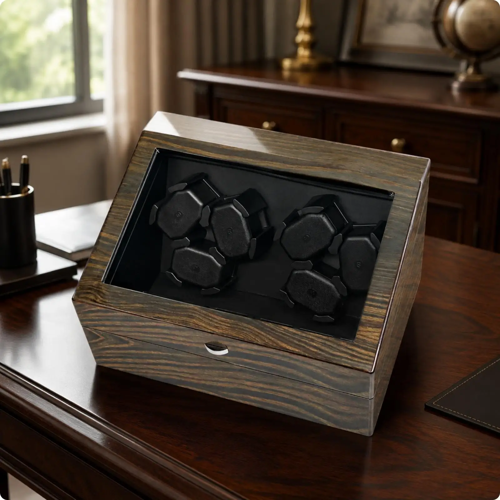 MDF Watch Winder Storage Case with Hinged Glass Lid and Interior Lamp for Automatic Timepiece Collection Showcase