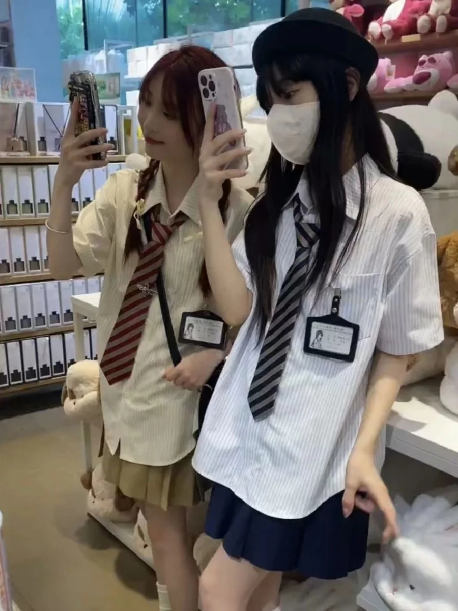 

Original Japanese Stripe JK Uniform Shirt And Pleated Skirt Set Summer Short Sleeve Loose Slimming School Style Women Students