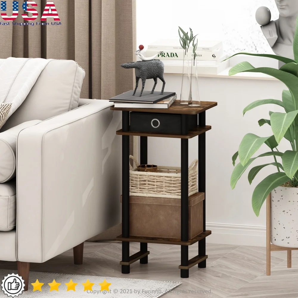 

Tall End Table with Storage Drawer and Lower Shelf Round Design Indoor Use Durable Wood Construction Modern Style