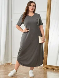 Plus Size Women's Nightgown Solid Color Sleepwear V Neck Short Sleeves Nightdress Female Pajamas Dress Chest Pocket Nightwear