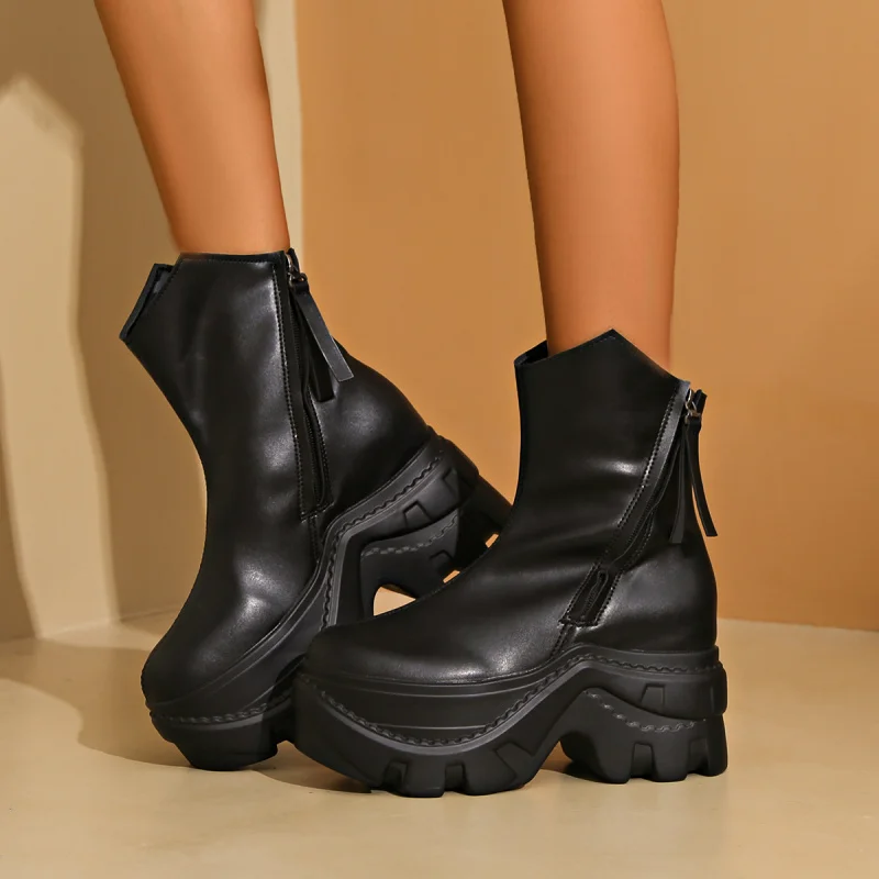 

Thick-Soled Leather Boots 2025 Autumn British Style Round Toe Wedge Heel Heightening Side Zipper Plus Size Women's Shoes