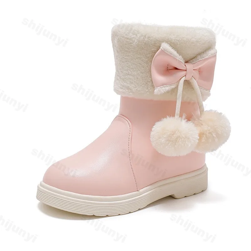 Zimowe dziecięce buty śniegowe Ciepłe pluszowe wodoodporne wygodne antypoślizgowe krótkie buty na zewnątrz 2025 New Girl Cute Bow Princess Boots