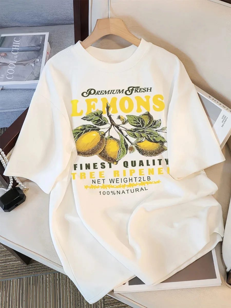 

Lemons Fruits Premium Fresh Printing T Shirt Woman Loose Cotton Sportswear O-Neck Casual T Shirts Loose All-Match Short Sleeve