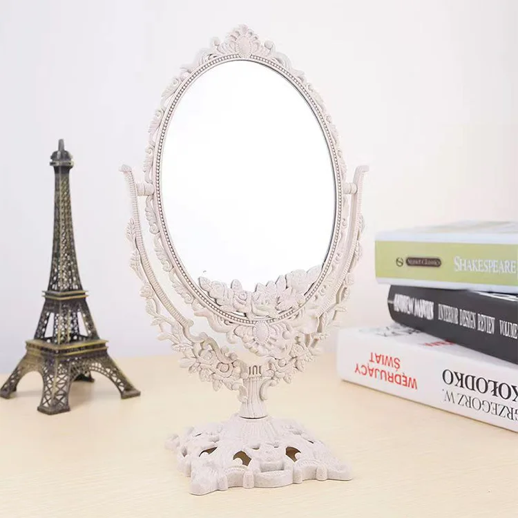 Miroir de maquillage de forme narvintage, miroir de maquillage de style européen, outil de maquillage de bureau à rotation à 360 °, décoration d'intérieur résistante