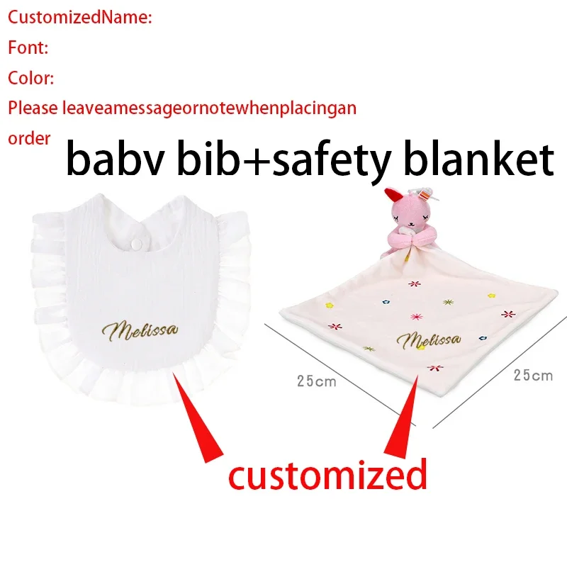 2Pcs/Set personalized baby comforter Security Blanket Plush Animals Baby Cotton Bib Cuddle Cloth Baby Name Baby Bib Newborn Gift