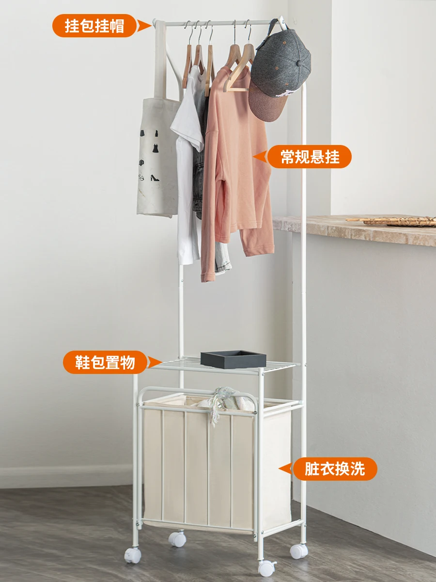 Home bag hanger with dirty clothes bucket Multi-purpose storage rack The floor-to-ceiling coat rack can be moved only when the b