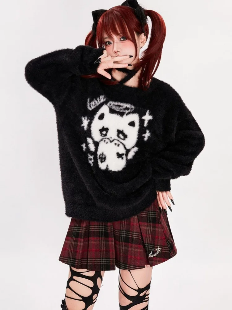 Black Furry Thicken Winter Jumper E-girl Punk Gothic Sweater Loose Baggy Long Sleeve Pullover Cute Cat Anime Clothes Japanese