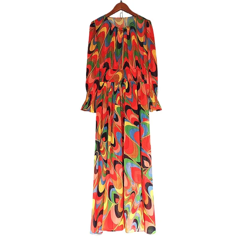 

Doris Fanny Design Fashion Long Dress For Women Spring Summer Maxi Flare Sleeve Waist Elastic Contrast Color Print Female Party