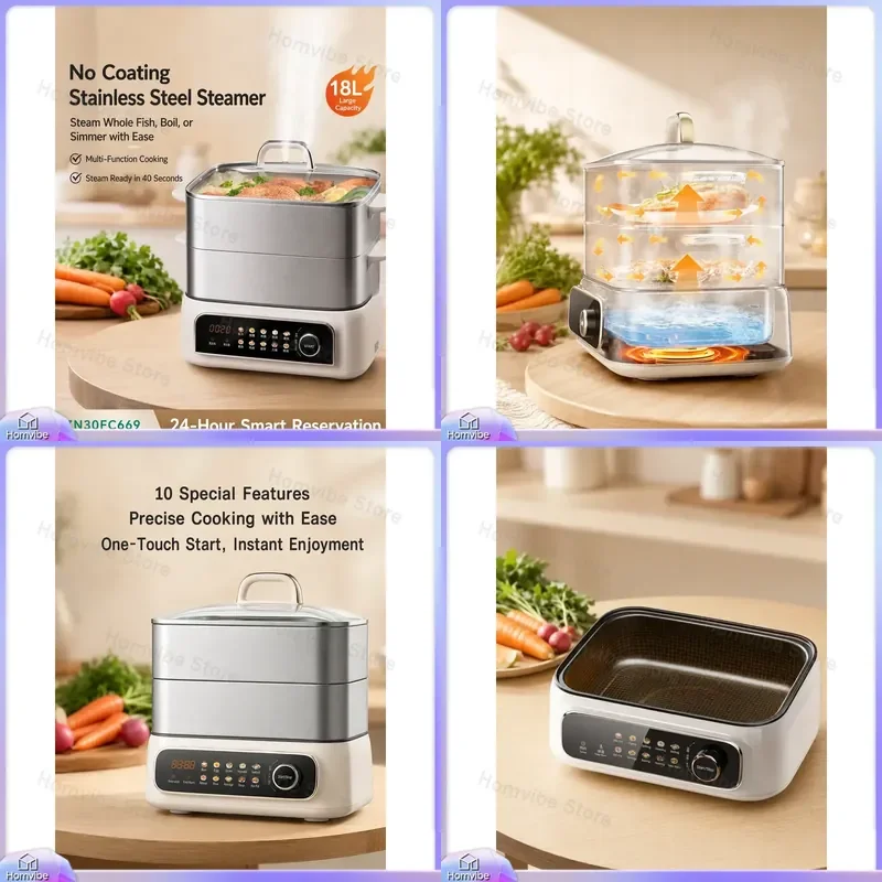 

All-Steel Electric Steamer Pot Multi-Functional 3-Tier Large Capacity Steam Cooker for Rice Vegetables Fish Chicken