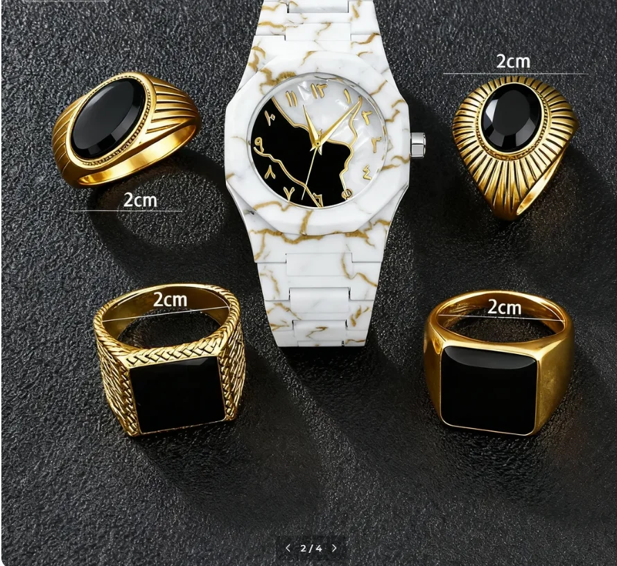 Five-piece business-style set, featuring elegant gold watches and rings arranged on a dark leather background, highlighting a se